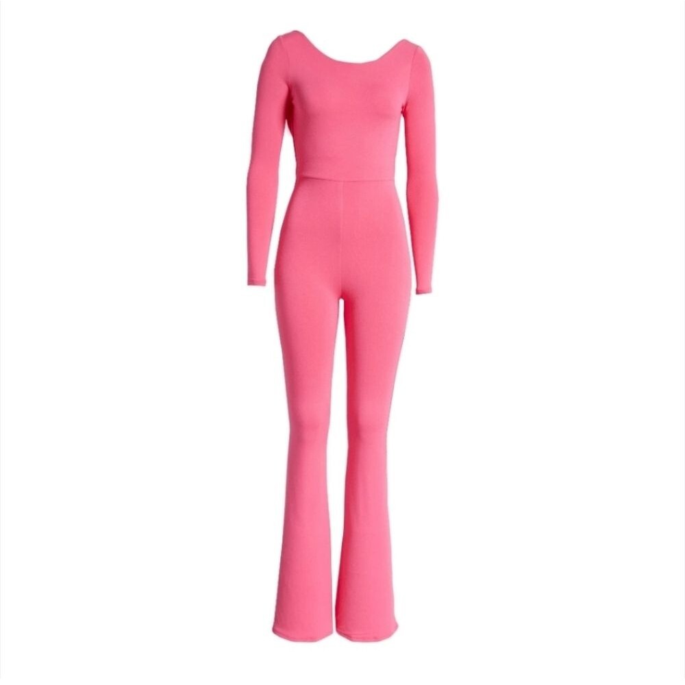 Naked Wardrobe Long Sleeve Backless Stretchy Flare Leg Jumpsuit Hot Pink Large